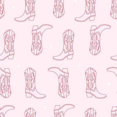 Çizgisiz, düz çizgili kovboy kız çizmeleri. Davetiye, ambalaj kağıdı, ambalaj vs. için Vahşi Batı tarzı moda vektörü.