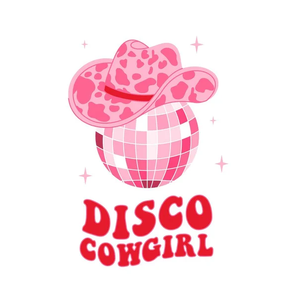 Sombrero Vaquera Rosa Retro Con Bola Disco Cowgirl Disco Cita — Vector de stock