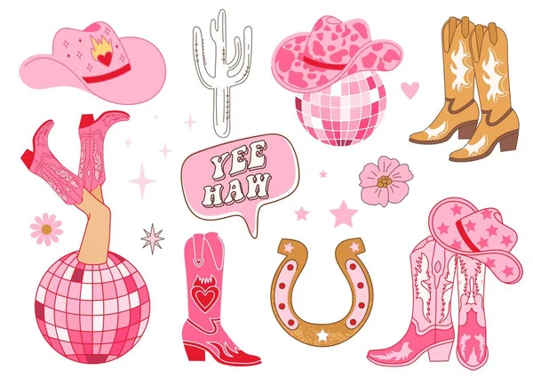 stock vector Collection of retro Cowboy fashion elements. Cowgirl boots, disco ball, hat, horseshoe, cactus and lettering. Cowboy western and wild west theme. Hand drawn vector.