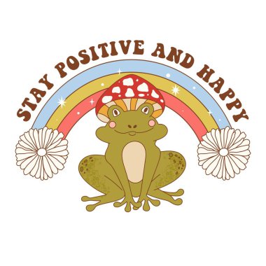 Hippi retro tebrik kartı. Tipografi Olumlu ve Mutlu Kalın funky kurbağa, parlak gökkuşağı ve çiçekler ile. Kartpostal, poster, davetiye, etiket vs. için vektör illüstrasyonu.