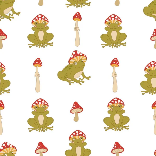 Retro 70S Hippie Vibrant Summer Seamless Pattern Groovy Frog Mushrooms — Stock Vector