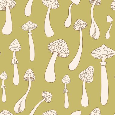Soyut, dikişsiz, modaya uygun mantarlı. Davetiye, ambalaj kağıdı, ambalaj vs. için orman bahçesi vektör yüzey tasarımı.