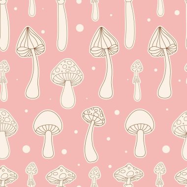 Soyut, dikişsiz, modaya uygun mantarlı. Davetiye, ambalaj kağıdı, ambalaj vs. için orman bahçesi vektör yüzey tasarımı.