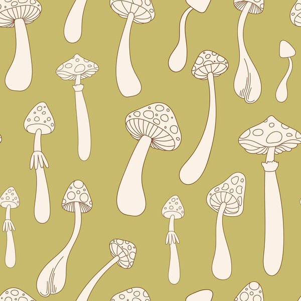 Retro abstract seamless pattern with groovy mushrooms. Forest garden vector surface design for invitation, wrapping paper, packaging etc.