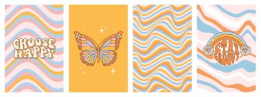 70 'lerin modası geçmiş hippi posterleri. Saf bir tebrik kartı seti. Halüsinojen kelebek, gökkuşağı, papatya çiçeği, motive edici tipografi vs. Happy 'i seç. Havalı kal. Y2k estetik arka planında vektör tasarımı.