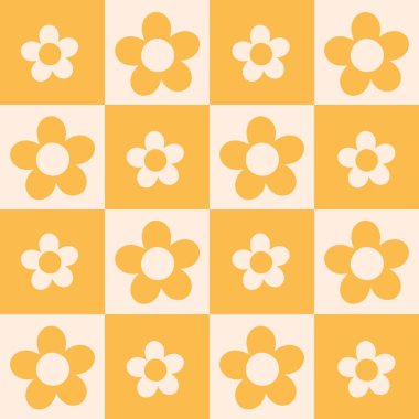 70 'lerin modası geçmiş hippi soyut, pürüzsüz desenli papatya çiçekleri. Dama tahtası arka planında şirin, klasik çiçekler. Davetiye, ambalaj kağıdı, ambalaj vesaire için vektör yüzey tasarımı.