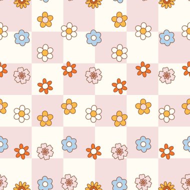 70 'lerin modası geçmiş hippi soyut, pürüzsüz desenli papatya çiçekleri. Dama tahtası arka planında şirin, klasik çiçekler. Davetiye, ambalaj kağıdı, ambalaj vesaire için vektör yüzey tasarımı.