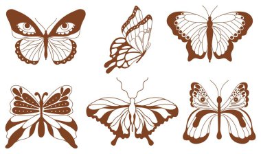 Set of various monochrome groovy naive butterflies. Hallucinogen monarch butterflies pack. Hippie 60s 70s isolated vector illustration.  clipart