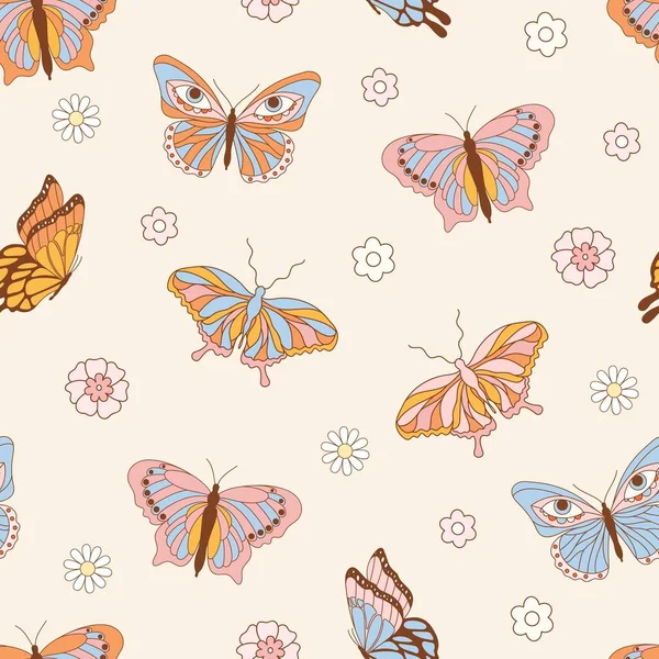 Retro 70S Hippie Vibrante Patrón Sin Costuras Verano Con Mariposa — Archivo Imágenes Vectoriales