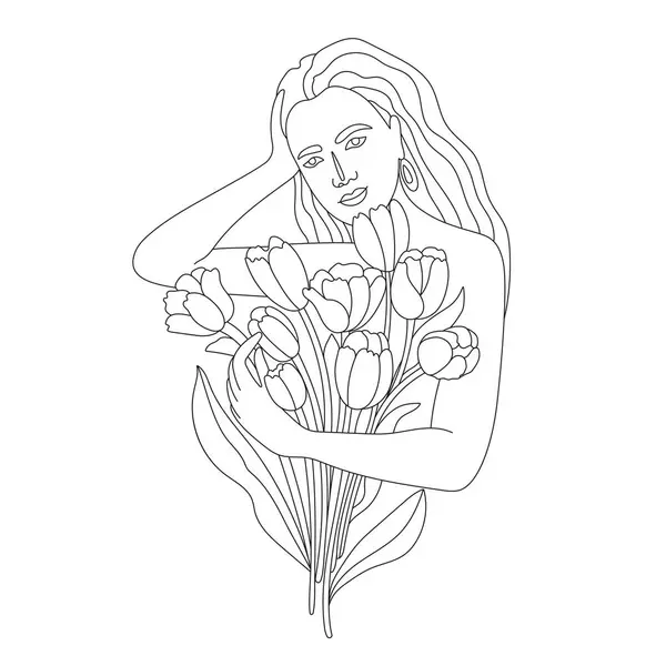 抽象线条简约的女人面对艺术 美丽的女孩肖像 花束郁金香 Blossom 精美的线性插图 印刷品 纺织品 卡片等的载体 图库插图