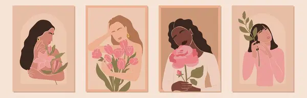 国際女性デーの挨拶カードのセット 抽象的な女性は花と異なる国籍を描いています 女の力 フェミニズム 姉妹の概念のための闘争 ベクトルイラスト ストックイラスト
