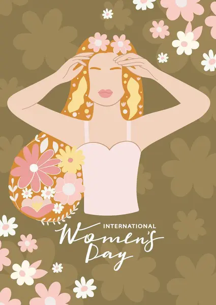 国際女性デーの挨拶カード 髪のさまざまな花と抽象的な女性の肖像画 女の力 フェミニズム 姉妹の概念のための闘争 ベクトルイラスト ベクターグラフィックス