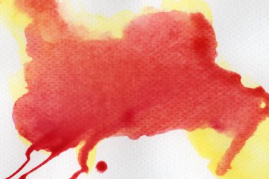 Beyaz zemin üzerine kırmızı suluboya soyut. Kağıt üzerinde sıçramasına renk. Bir elle çizilmiş olduğunu.