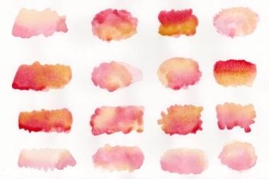 Beyaz zemin üzerine kırmızı suluboya soyut. Kağıt üzerinde sıçramasına renk. Bir elle çizilmiş olduğunu.