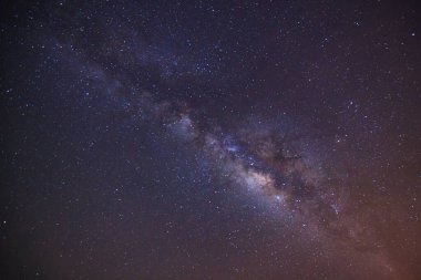 Evrende bulut ve uzay tozuyla Samanyolu Galaksisi, tahıllı uzun pozlu fotoğraf.