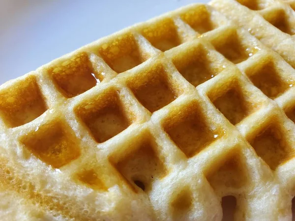 Closeup Piece Waffle Maple Syrup White Plate — Stock Photo, Image