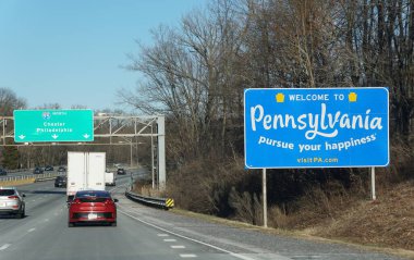 Wilmington, Delaware, ABD - 14 Ocak 2024 Pensilvanya Eyaleti 'ne hoş geldin tabelası