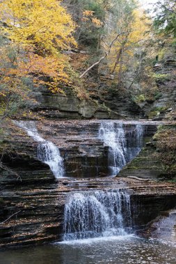 Tepeden gelen güzel şelaleler ve Buttermilk Falls, Ithaca, New York, ABD yakınlarında sonbahar yaprakları.