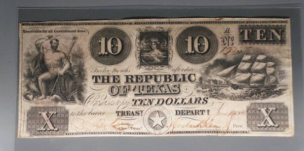 San Antonio, Texas, U.S - April 9, 2024 - The old 1840 print of the ten dollars bill of Republic of Texas