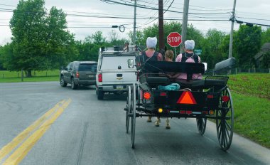 Strasburg, Pennsylvania, ABD - 21 Mayıs 2024 Amish atı ve at arabası diğer araçlarla karşıdan karşıya geçiyor.
