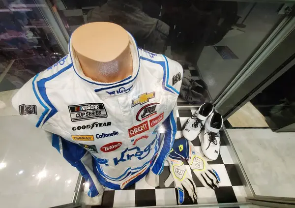 stock image Daytona Beach, Florida, U.S.A - November 18, 2023 - The white and blue Nascar race suit worn by Ricky Stenhouse Jr on display