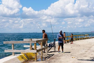 Key Biscayne, Florida, ABD - 20 Eylül 2024 - Florida Eyalet Parkı yakınlarında balık tutan bir grup insan