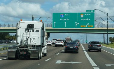 Florida, U.S.A - November 10, 2024 - Highway signs clearly indicate exits for Orlando on I-4 East and Apopka on 429 North clipart