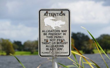 Winter Haven, Florida, ABD - 14 Kasım 2024 - Ziyaretçileri potansiyel timsahlarla karşılaşma konusunda uyaran bir uyarı işareti