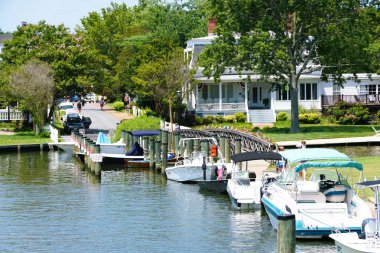 St. Michaels, Maryland, ABD - 30 Haziran 2025 Hollis Park 'ın çevresindeki yeşilliği yansıtan sakin su yolu boyunca demirlemiş tekneler