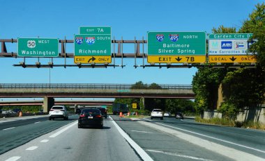Maryland, U.S.A - Sept 7, 2025 - Highway signs of I-95 South to Richmond, I-95 North to Baltimore and Silver Spring, US-50 West to Washington.