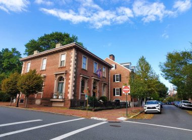 Old New Castle, Delaware, U.S.A - Sep 21, 2025 - A private home of a classic brick building with ornate architectural details
