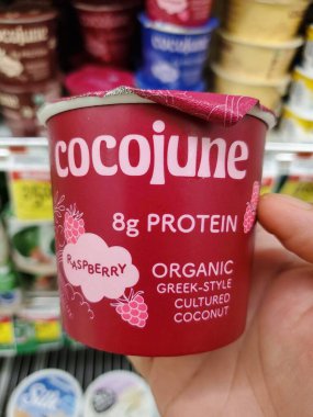 Delaware, U.S.A - Sept 30, 2025 - A single serving of Cocojune Raspberry Organic Greek-Style Cultured Coconut yogurt, held in hand in a refrigerated aisle.