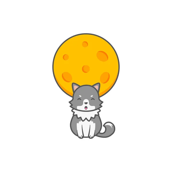 Loup Mignon Avec Illustration Lune — Image vectorielle