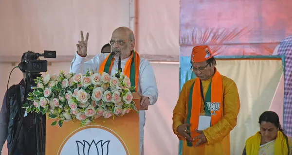 stock image Burdwan, Purba Bardhaman District, West Bengal / India - 30.04.2024: Union Home Minister Amit Shah attends the election rally of Asim Kumar Sarkar, the BJP candidate for Bardhaman Purba Lok Sabha constituency. At Rasulpur in Memari, Purba Bardhaman