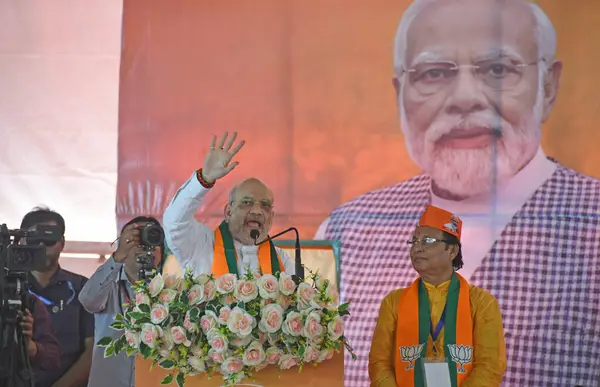 stock image Burdwan, Purba Bardhaman District, West Bengal / India - 30.04.2024: Union Home Minister Amit Shah attends the election rally of Asim Kumar Sarkar, the BJP candidate for Bardhaman Purba Lok Sabha constituency. At Rasulpur in Memari, Purba Bardhaman