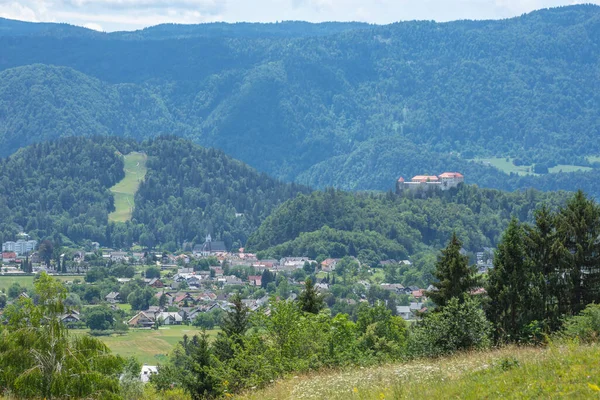 Krwawiący Zamek Wiejskie Domy Odległości Między Górami Słoneczny Dzień Słowenia — Zdjęcie stockowe