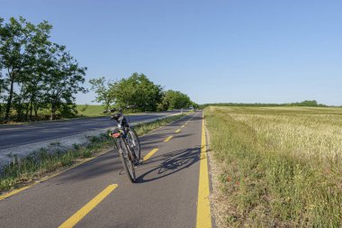 Bisiklet yolu ve gölgesi olan düz bisiklet yolu, ağaçlar ve tarla, gün batımı, kırsal, geniş açılı lens.