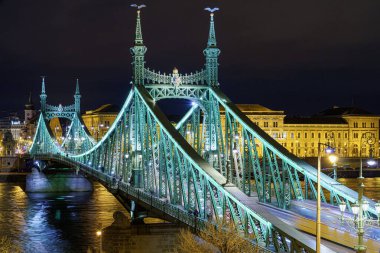 Geceleri Özgürlük Köprüsü, yukarıdan, Tuna nehri ile aydınlatılmış, arka planda evler, Budapeşte, telefoto