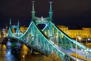 Freedom Bridge at night, illuminated, from above, with the Danube river, houses in the background, Budapest, telephoto clipart