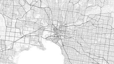 Melbourne Şehir Haritası. Baskı, duvar kâğıdı, ev ve ofis dekorasyonu için minimalist siyah beyaz çizgili sanat posteri