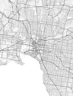 Melbourne Şehir Haritası. Baskı, duvar kâğıdı, ev ve ofis dekorasyonu için minimalist siyah beyaz çizgili sanat posteri