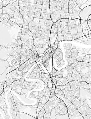 Brisbane Şehir Haritası. Baskı, duvar kâğıdı, ev ve ofis dekorasyonu için minimalist siyah beyaz çizgili sanat posteri