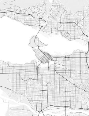 Vancouver Şehir Haritası. Baskı, duvar kâğıdı, ev ve ofis dekorasyonu için minimalist siyah beyaz çizgili sanat posteri