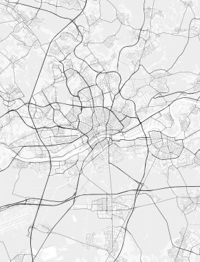 Frankfurt Şehir Haritası. Baskı, duvar kâğıdı, ev ve ofis dekorasyonu için minimalist siyah beyaz çizgili sanat posteri