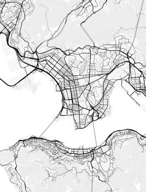 Hong Kong Şehir Haritası. Baskı, duvar kâğıdı, ev ve ofis dekorasyonu için minimalist siyah beyaz çizgili sanat posteri