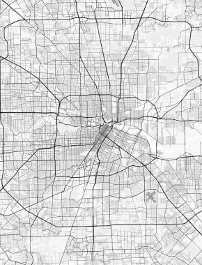 Houston Şehir Haritası. Baskı, duvar kâğıdı, ev ve ofis dekorasyonu için minimalist siyah beyaz çizgili sanat posteri