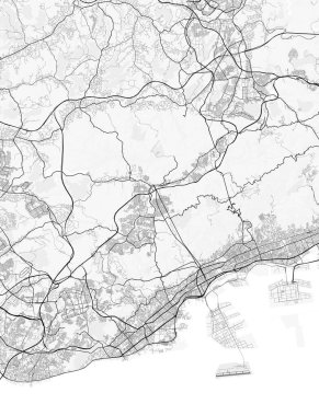 Kobe Şehir Haritası. Baskı, duvar kâğıdı, ev ve ofis dekorasyonu için minimalist siyah beyaz çizgili sanat posteri