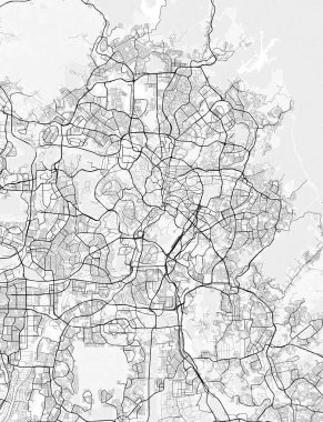 Kuala Lumpur Şehir Haritası. Baskı, duvar kâğıdı, ev ve ofis dekorasyonu için minimalist siyah beyaz çizgili sanat posteri