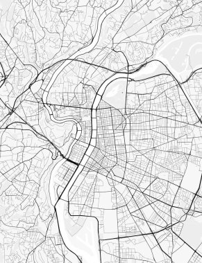 Lyon Şehir Haritası. Baskı, duvar kâğıdı, ev ve ofis dekorasyonu için minimalist siyah beyaz çizgili sanat posteri