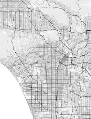 Los Angeles Şehir Haritası. Baskı, duvar kâğıdı, ev ve ofis dekorasyonu için minimalist siyah beyaz çizgili sanat posteri